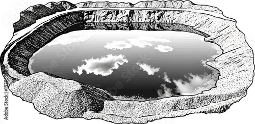 A crater lake with rocky banks reflects clouds in its dark, rippling surface