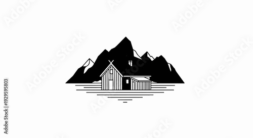 Minimalist illustration of a wooden cabin nestled against a backdrop of jagged mountains