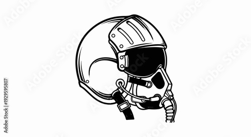Black and white sketch of a vintage pilot's helmet with oxygen mask and visor