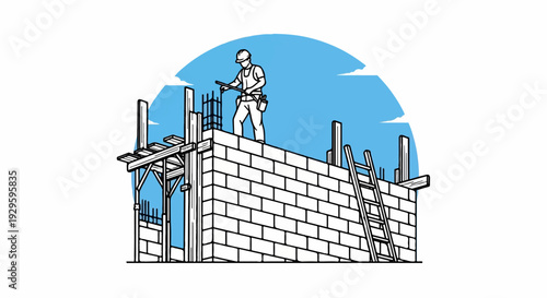 Construction worker on a brick wall with scaffolding and ladder
