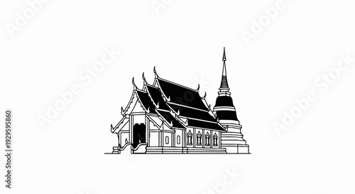 Detailed line art of a temple with multiple tiered roofs and a tall stupa