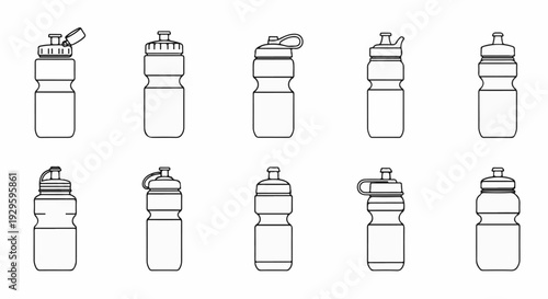 Ten black and white outline illustrations of sports water bottles with different caps
