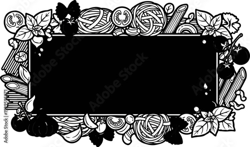 Decorative frame with Italian ingredients and pasta types for a blackboard