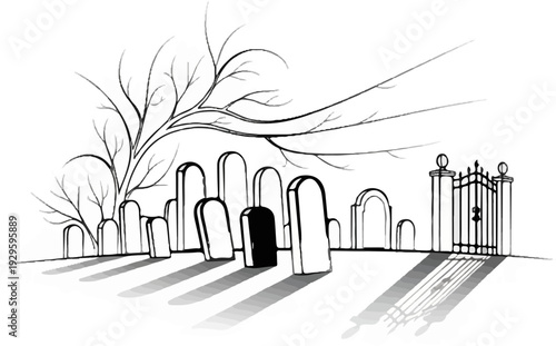 Stark, bare branches arch over a spooky graveyard with tombstones and a gate