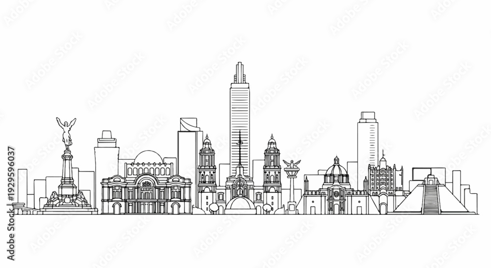 Obraz premium A minimalist line drawing showcases a city skyline with diverse architectural styles