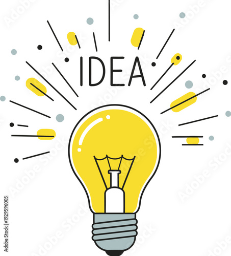 Bright yellow light bulb illustration glowing with radiating lines and abstract shapes symbolizing a brilliant new idea or innovation perfect for concept design and creative