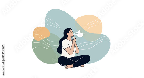 Woman meditating in lotus position with serene expression and abstract shapes