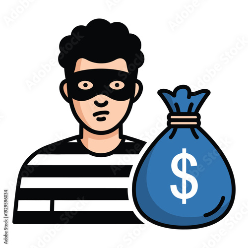 Cartoon thief wearing mask and striped shirt with money bag icon