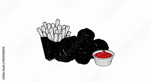 A pile of dark fried chicken pieces with french fries and ketchup dip