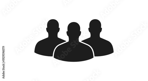 A minimalist depiction of three faceless human heads arranged closely together presented in a stark black silhouette high quality