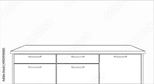 Minimalist line drawing of a multi-drawer cabinet with a flat top surface