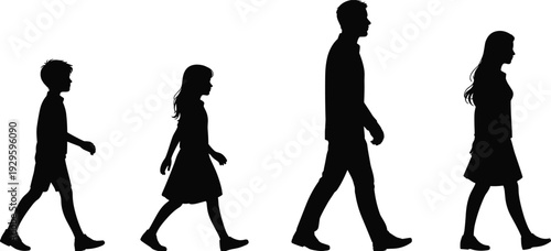 Silhouettes of human growth stages walking, child to adult progression illustration, age diversity concept, symbolic design of development and passage of time