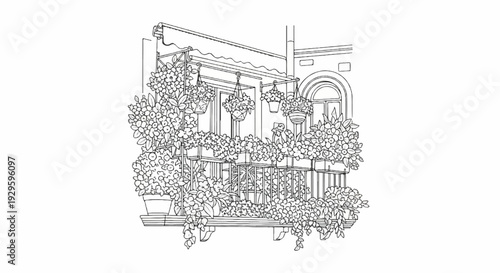 Ornate balcony overflows with abundant blooming flowers cascading over the railing