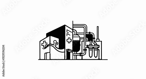 Minimalist illustration shows a medical facility connected to a complex industrial filtration system