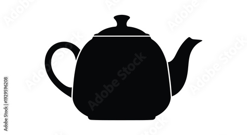 A stark black silhouette of a traditional ceramic teapot featuring a curved spout and handle against a white background silhouette