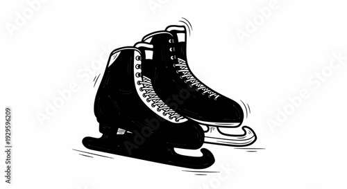A black and white illustration of two pairs of ice skates with white laces on white background