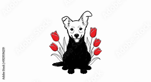 Black and white dog sits surrounded by bright red tulips