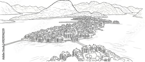 Panoramic view of a densely packed coastal village nestled between mountains and water