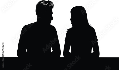 Black Silhouette of Young Couple Sitting Together at Table Facing Each Other for Romantic Date Relationship Concept and Social Interaction Designs