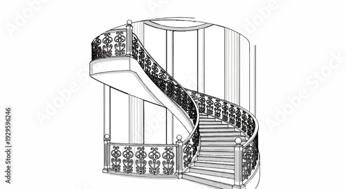 Elegant, ornate spiral staircase with decorative metal railings ascends within a modern, glass-walled atrium