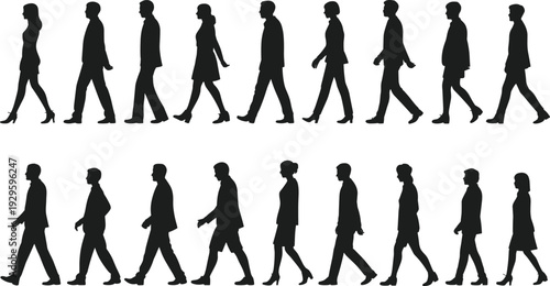 Silhouettes of men and women walking in profile, diverse figures in motion, pedestrian crowd concept for design, animation, lifestyle, signage, and behavioral illustration