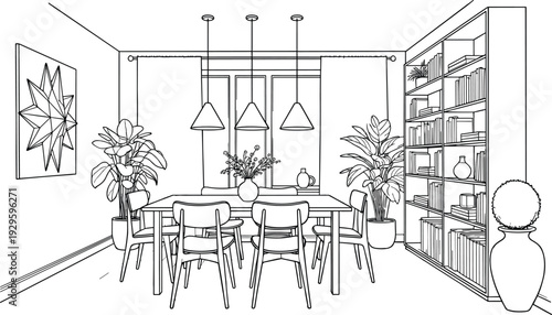 Modern dining room interior line art illustration with wooden table chairs bookshelf pendant lights and indoor potted plants for home decoration and coloring book