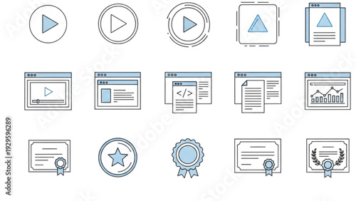 Minimalist online course and e-learning interface line art icon collection