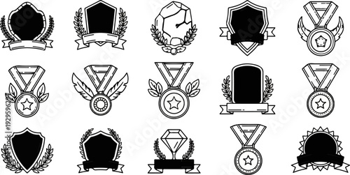 Collection of decorative award badges, ribbons, and medals featuring shields and stars