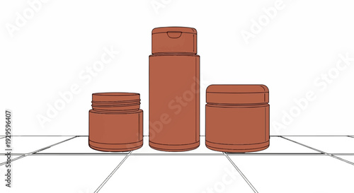 Three brown bottles of varying sizes displayed on a grid surface