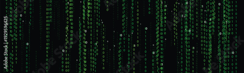 Green digital binary code falling like rain against a dark black background representing data streams and futuristic technology