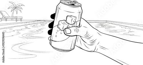 Hand holding a cold beverage with ice cubes by a swimming pool with a lounge chair