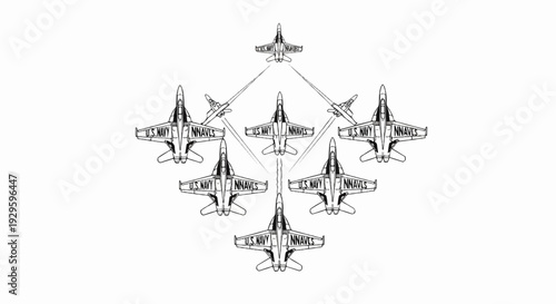 Formation of seven military jets flying in a diamond pattern against a white background
