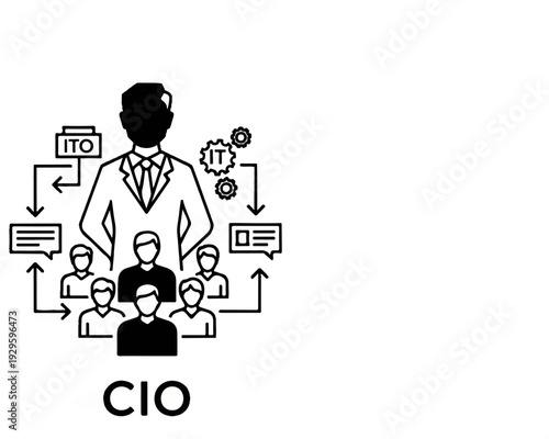 Executive overseeing a team and IT operations with communication icons