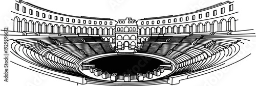 Ancient amphitheater with tiered seating and arched facade