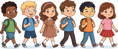 Cartoon illustration of diverse children walking together with backpacks cheerful kids artwork perfect for education school friendship community childhood and inclusive content