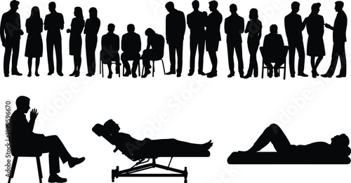 Silhouettes of people in social and therapeutic settings, medical examination and counseling illustration, diverse human interaction poses for design, healthcare, and communication concepts