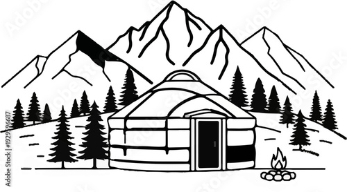 A black and white illustration depicts a yurt nestled among evergreen trees with snow-capped mountains in the background