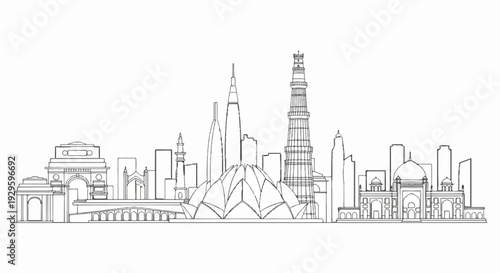 Iconic landmarks and modern structures form a stylized city skyline illustration