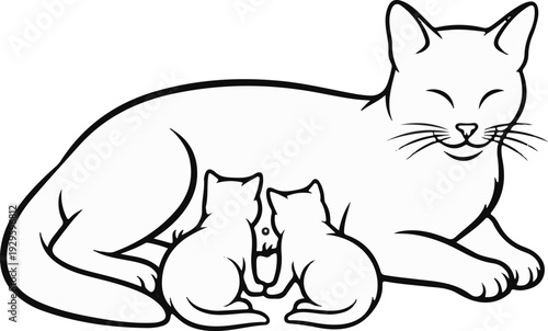 A mother cat nurses two kittens, a simple line drawing depicting familial love and care