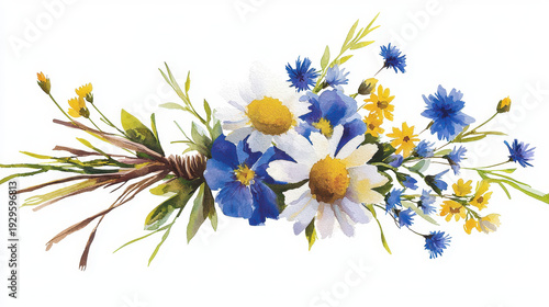 Wallpaper Mural Vibrant watercolor art piece featuring bouquet of wildflowers, showcasing blue and yellow blooms with green foliage, evoking sense of nature Torontodigital.ca