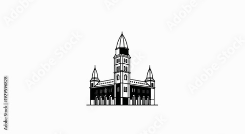 Stylized black and white line drawing of a grand building with towers and arched entrances