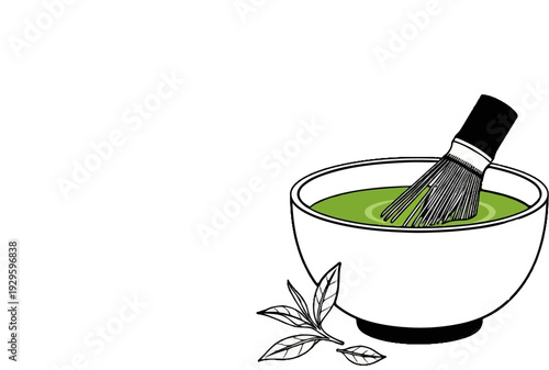 Whisk frothing green liquid in a bowl with leaves nearby