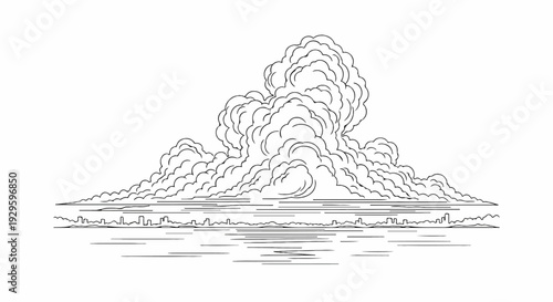 Dramatic storm clouds gather over a city skyline and calm water