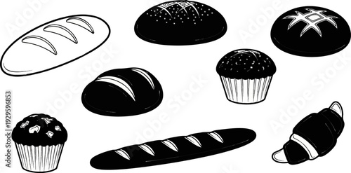 Collection of assorted baked goods including loaves, buns, muffins, and a croissant