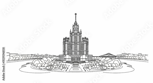 Grand, symmetrical building with ornate spire, surrounded by manicured trees and a bridge