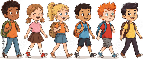 Cartoon illustration of diverse children walking with backpacks in colorful outfits cheerful kids artwork perfect for education school back to school and childhood content