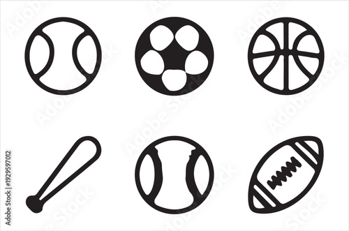 Black and white illustration of various sports balls and equipment