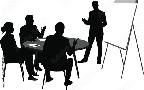 Black silhouette of professional business man giving a presentation with a flipchart to colleagues sitting at a round table for a corporate meeting isolated