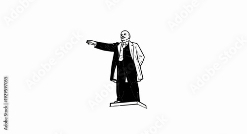 A black and white illustration of a man in formal attire pointing to the left