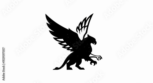 A black silhouette of a mythical griffin with spread wings and sharp claws